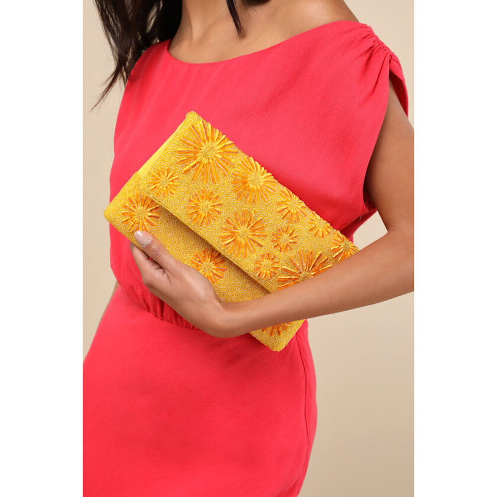 Lulus Exclusive Presence Yellow Beaded Floral Clutch - Size One Size